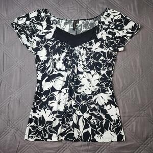Susan Lawrence Womens Size Small Black White Floral Short Sleeve Blouse